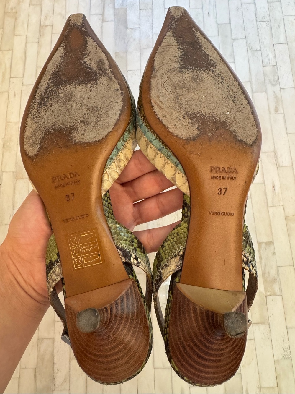 Prada 1P5478 Patch Summer Menta Python Snakeskin Slingback Heels 37 Y2K Shoes - Picture 8 of 10